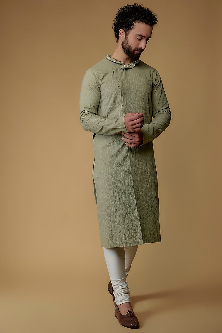 Mint Green Self Textured Cotton Cutdana Hand Embroidered Kurta by Ritambh at Pernia's Pop Up Shop