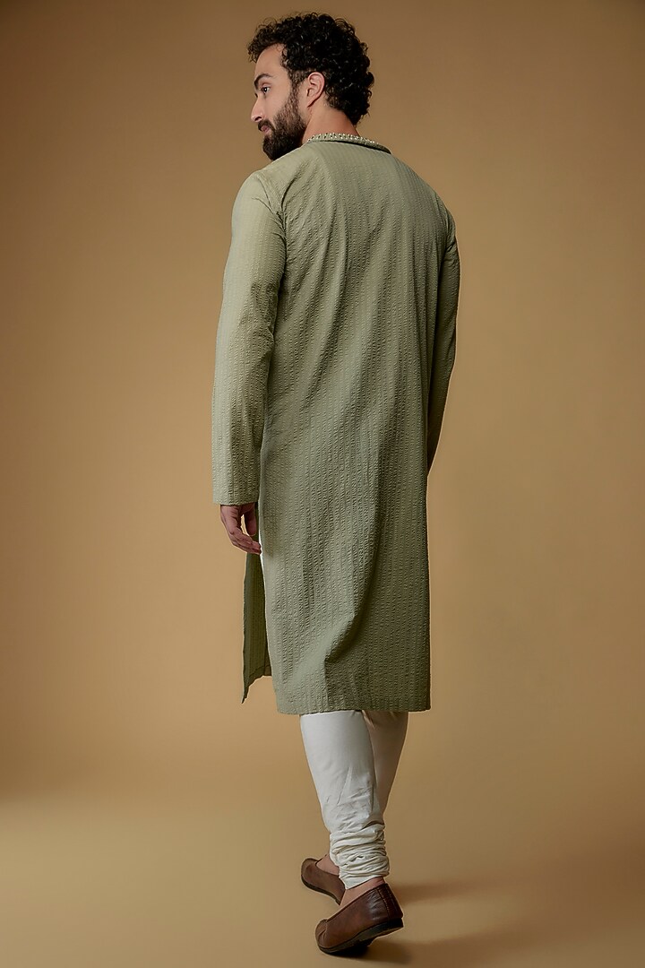 Mint Green Self Textured Cotton Cutdana Hand Embroidered Kurta by Ritambh at Pernia's Pop Up Shop