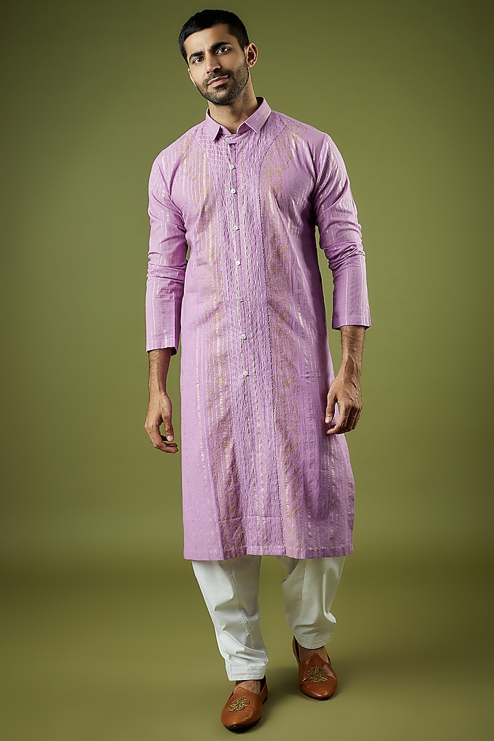 Lilac Cotton Lurex Block Printed Kurta by Ritambh