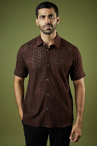 Brown Cotton Net Floral Shirt by Ritambh