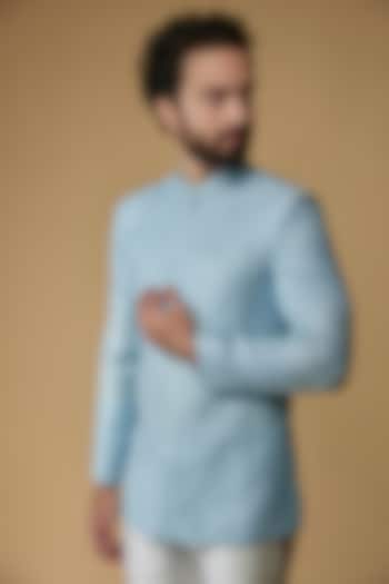 Sky Blue Self Textured Cotton Embroidered Bandhgala Jacket by Ritambh at Pernia's Pop Up Shop