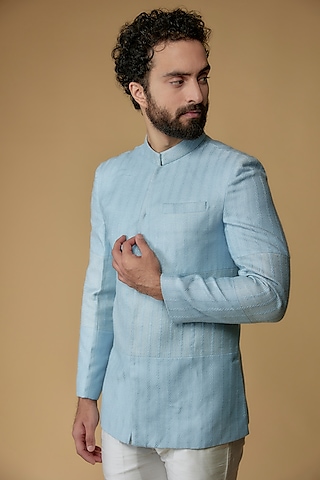Sky Blue Self Textured Cotton Embroidered Bandhgala Jacket by Ritambh
