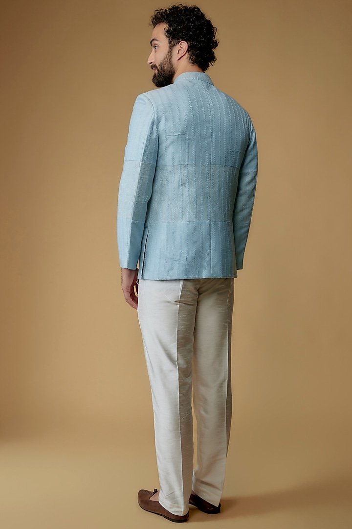 Sky Blue Self Textured Cotton Embroidered Bandhgala Jacket by Ritambh at Pernia's Pop Up Shop