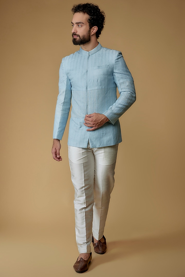 Sky Blue Self Textured Cotton Embroidered Bandhgala Jacket by Ritambh at Pernia's Pop Up Shop