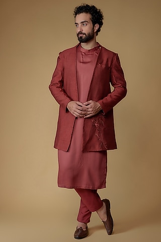Carmine Red Silk Dupion & Modal Silk Thread Embroidered Indowestern Set by Ritambh