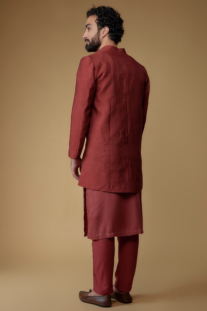 Carmine Red Silk Dupion & Modal Silk Thread Embroidered Wedding Indowestern Set by Ritambh at Pernia's Pop Up Shop