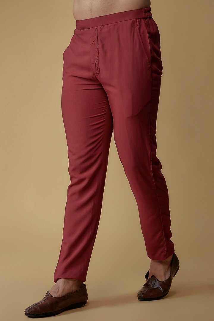 Carmine Red Silk Dupion & Modal Silk Thread Embroidered Wedding Indowestern Set by Ritambh at Pernia's Pop Up Shop