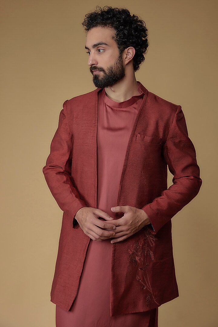 Carmine Red Silk Dupion & Modal Silk Thread Embroidered Wedding Indowestern Set by Ritambh at Pernia's Pop Up Shop