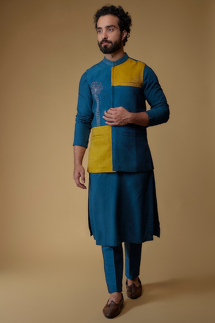 Royal Blue Silk Dupion Zari Embroidered Nehru Jacket Set by Ritambh