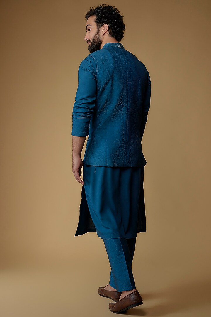 Royal Blue Silk Dupion Zari Embroidered Nehru Jacket Set by Ritambh at Pernia's Pop Up Shop