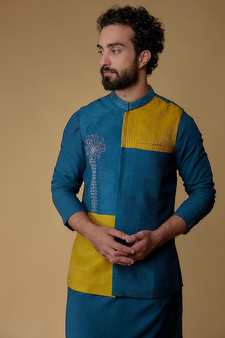 Royal Blue Silk Dupion Zari Embroidered Nehru Jacket Set by Ritambh at Pernia's Pop Up Shop