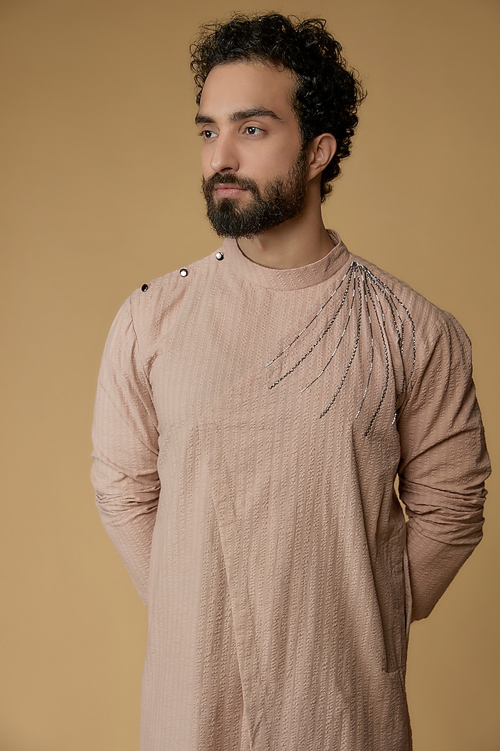 Beige Self Textured Cotton Beads Hand Embroidered Kurta by Ritambh at Pernia's Pop Up Shop