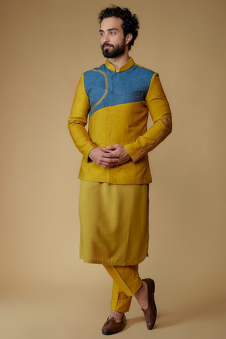 Mustard Yellow Silk Dupion Zari Embroidered Nehru Jacket Set by Ritambh
