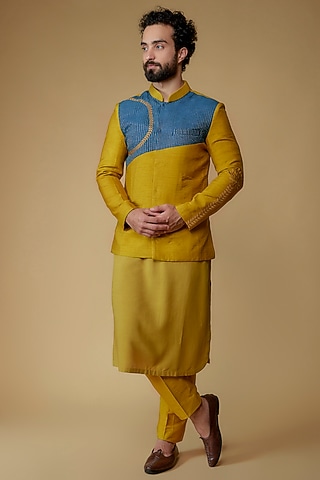 Mustard Yellow Silk Dupion Zari Embroidered Nehru Jacket Set by Ritambh