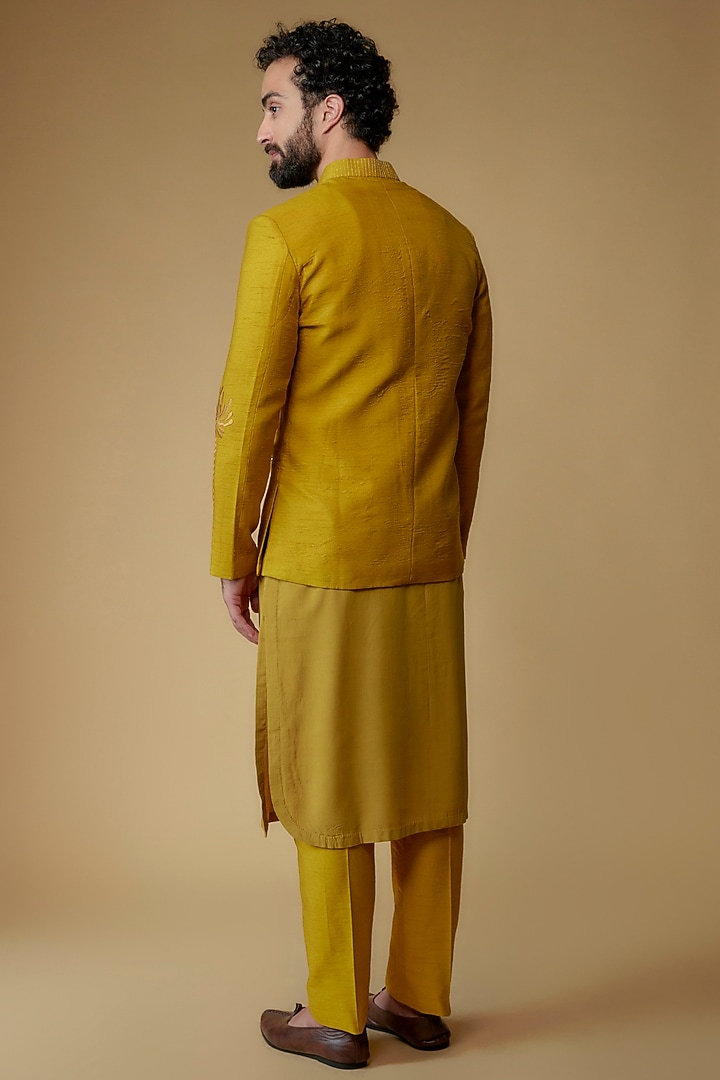 Mustard Yellow Silk Dupion Zari Embroidered Nehru Jacket Set by Ritambh at Pernia's Pop Up Shop