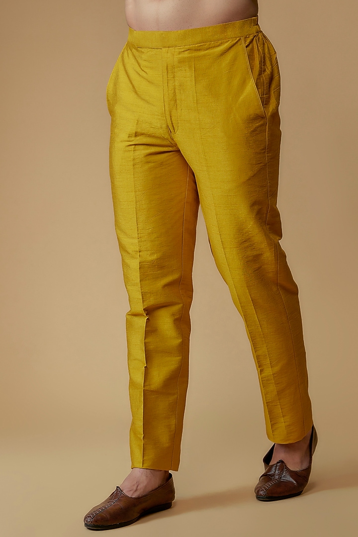 Mustard Yellow Silk Dupion Zari Embroidered Nehru Jacket Set by Ritambh at Pernia's Pop Up Shop