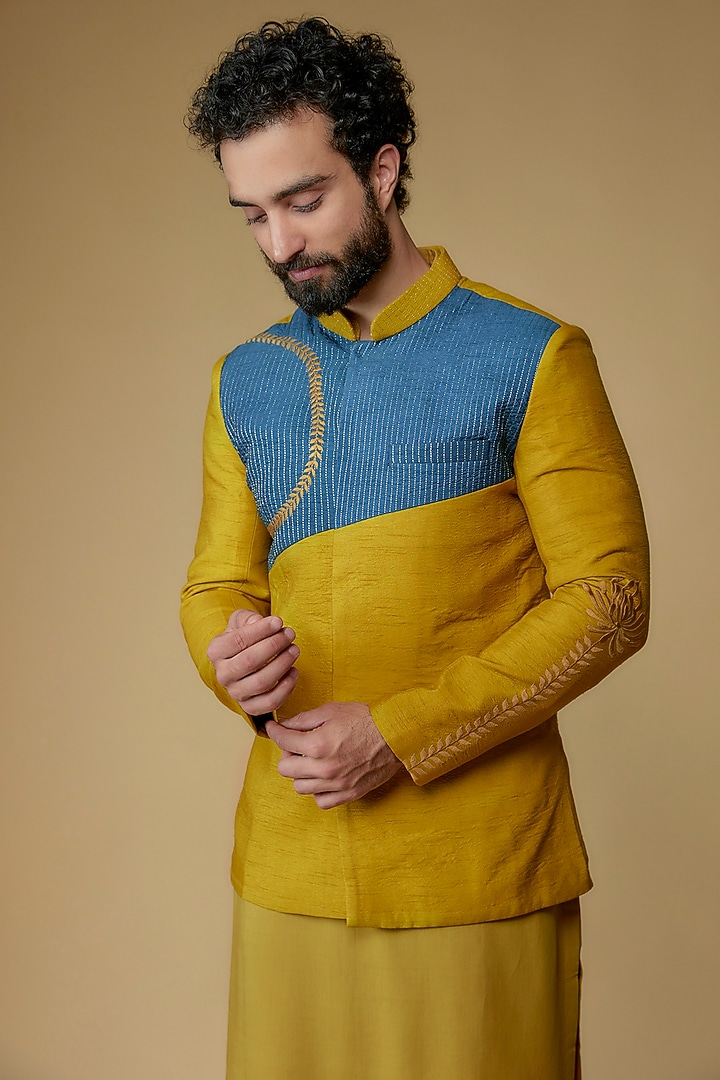 Mustard Yellow Silk Dupion Zari Embroidered Nehru Jacket Set by Ritambh at Pernia's Pop Up Shop