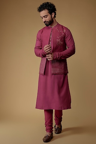 Dark Fuchsia Silk Dupion Thread Embroidered Indowestern Set by Ritambh