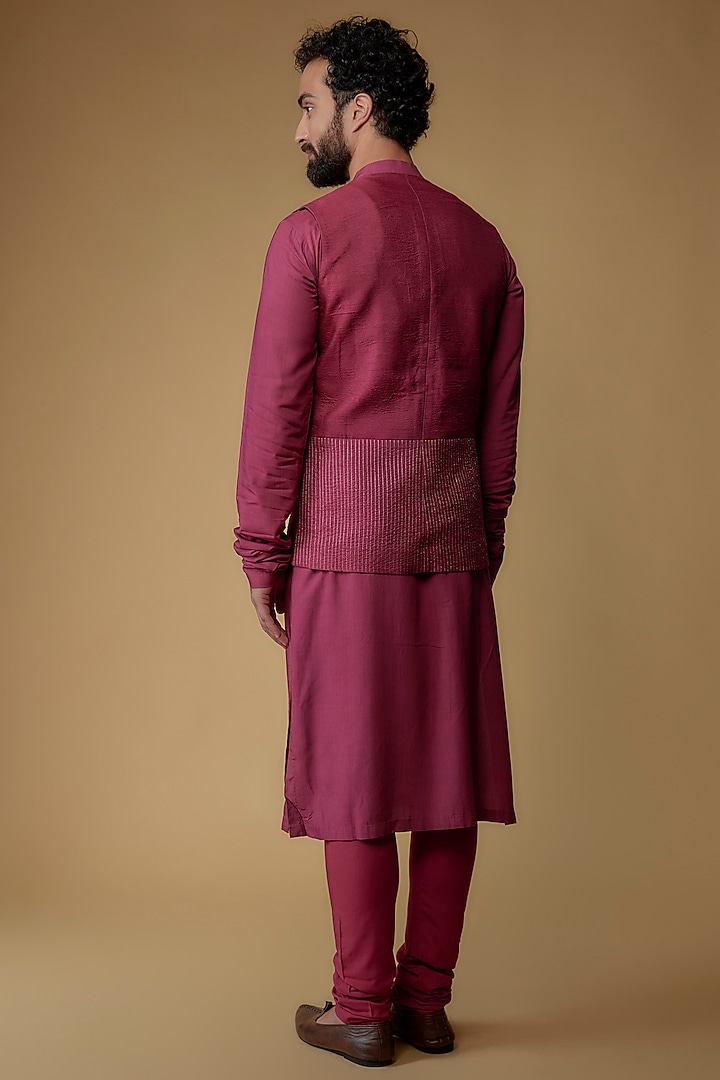 Dark Fuchsia Silk Dupion Thread Embroidered Indowestern Set by Ritambh at Pernia's Pop Up Shop