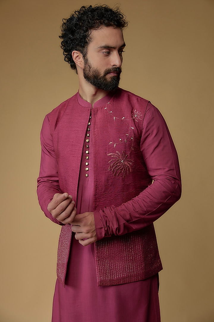 Dark Fuchsia Silk Dupion Thread Embroidered Indowestern Set by Ritambh at Pernia's Pop Up Shop