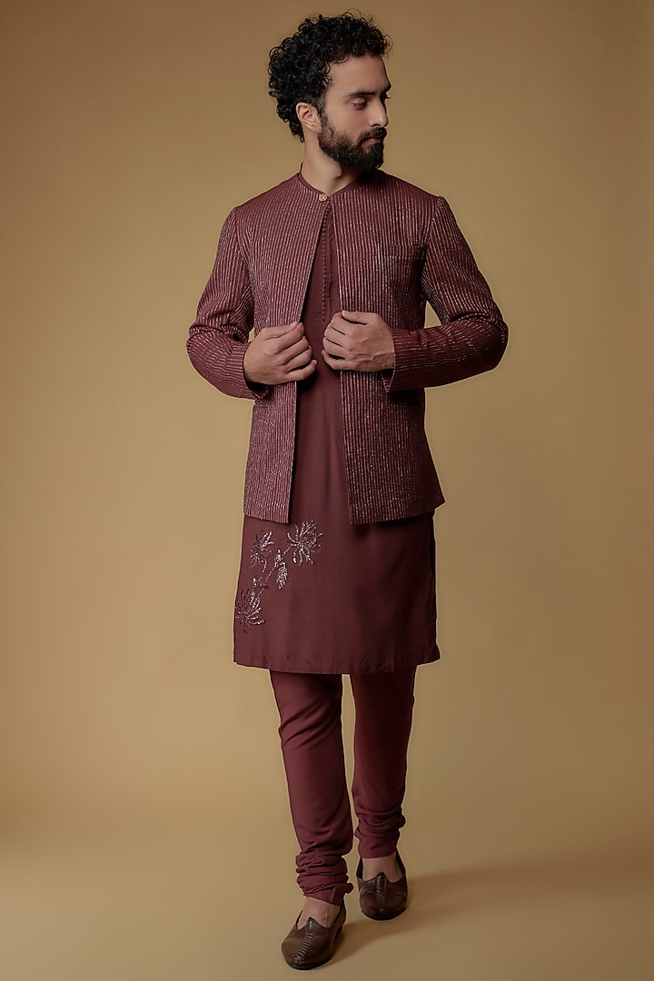 Maroon Modal Cotton Embroidered Indowestern Set by Ritambh
