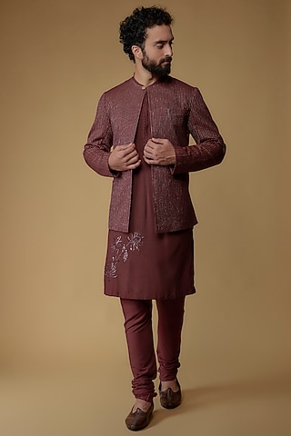 Maroon Modal Cotton Embroidered Indowestern Set by Ritambh