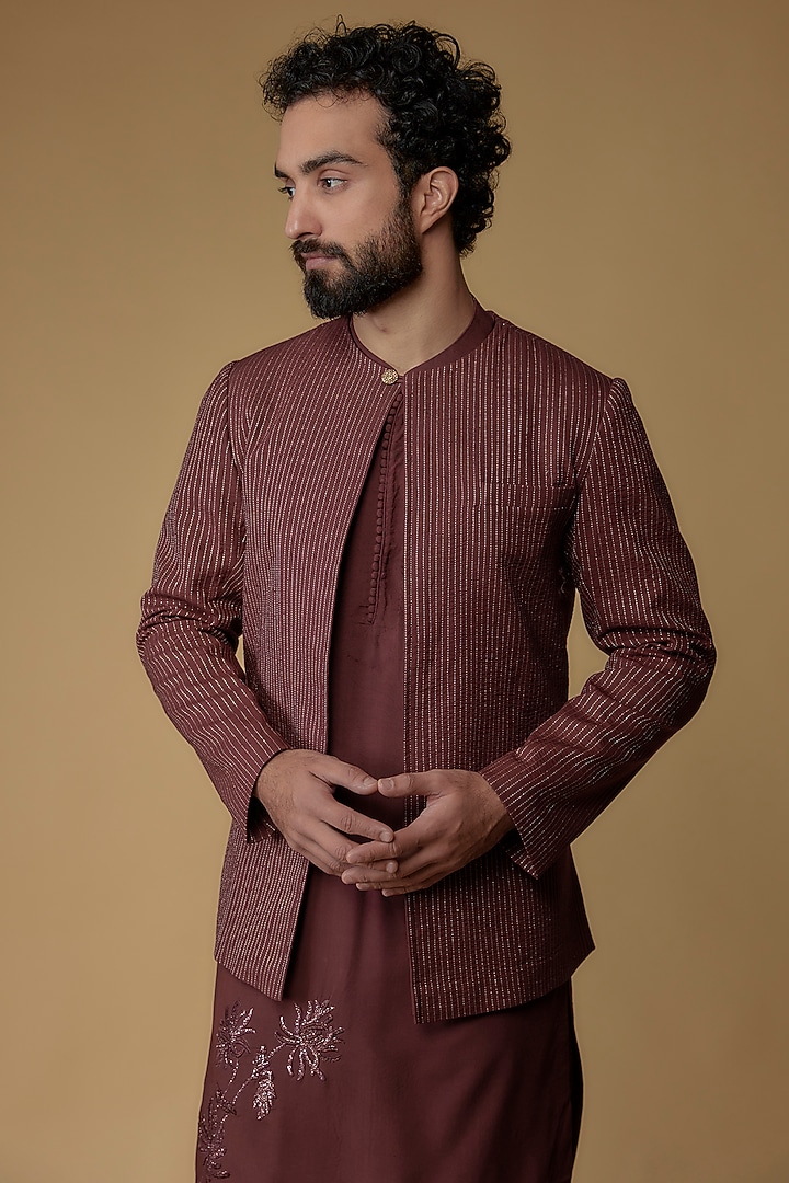 Maroon Modal Cotton Embroidered Wedding Indowestern Set by Ritambh at Pernia's Pop Up Shop