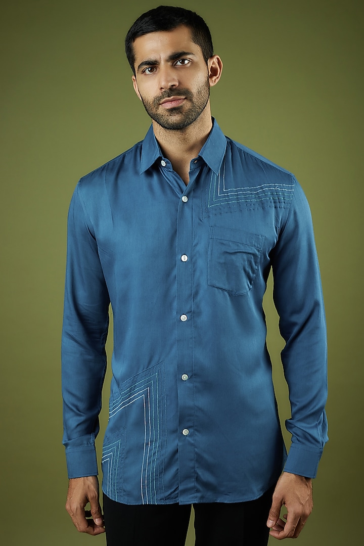 Blue Silk Modal Embroidered Shirt by Ritambh