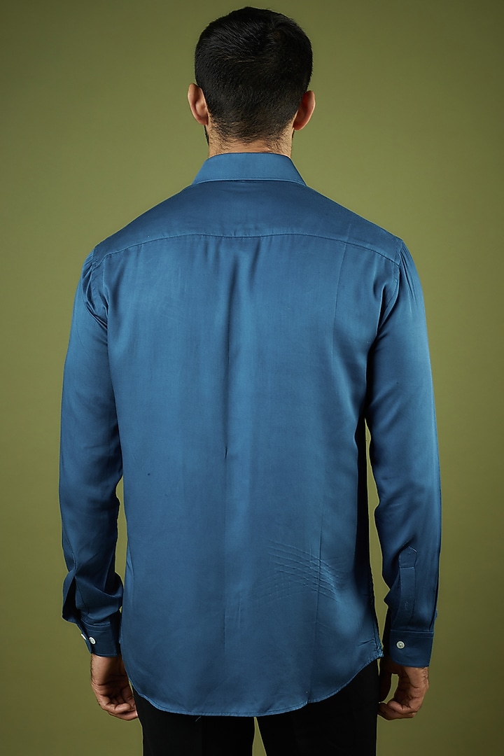 Blue Silk Modal Embroidered Summer Shirt by Ritambh at Pernia's Pop Up Shop