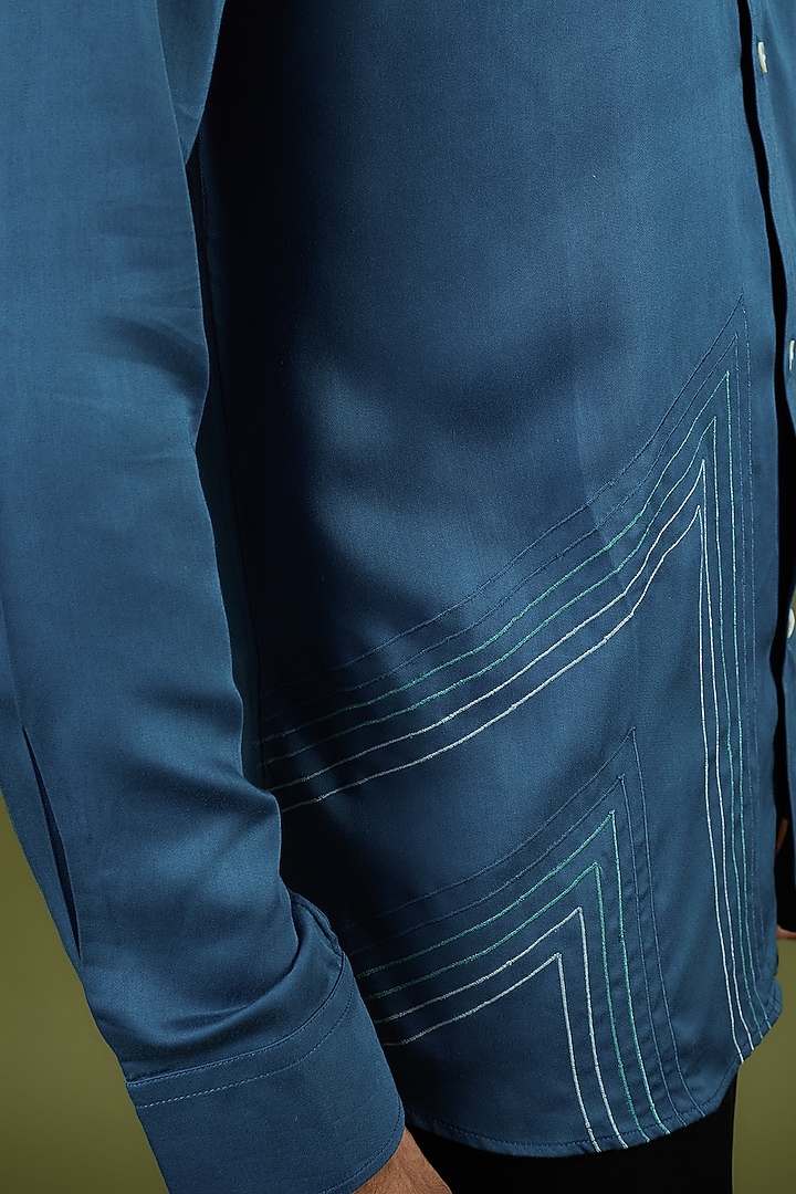 Blue Silk Modal Embroidered Summer Shirt by Ritambh at Pernia's Pop Up Shop