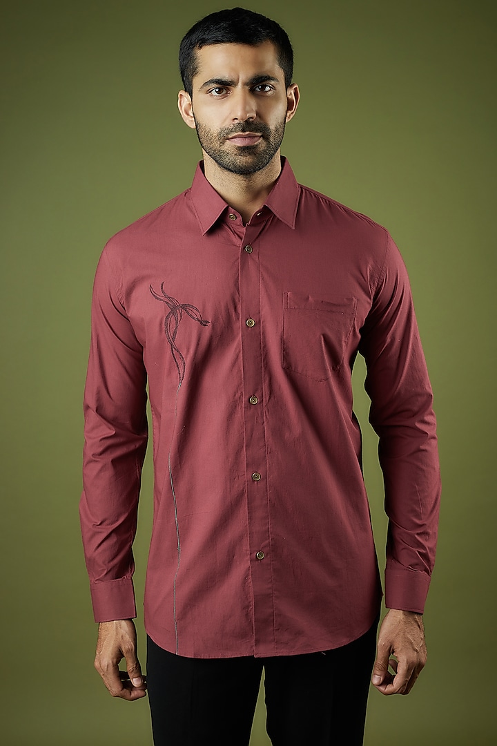 Maroon Cotton Modal Embroidered Shirt by Ritambh