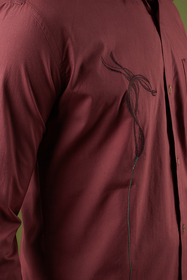 Maroon Cotton Modal Embroidered Summer Shirt by Ritambh at Pernia's Pop Up Shop