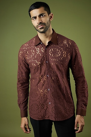 Brown Cotton Net Floral Shirt by Ritambh
