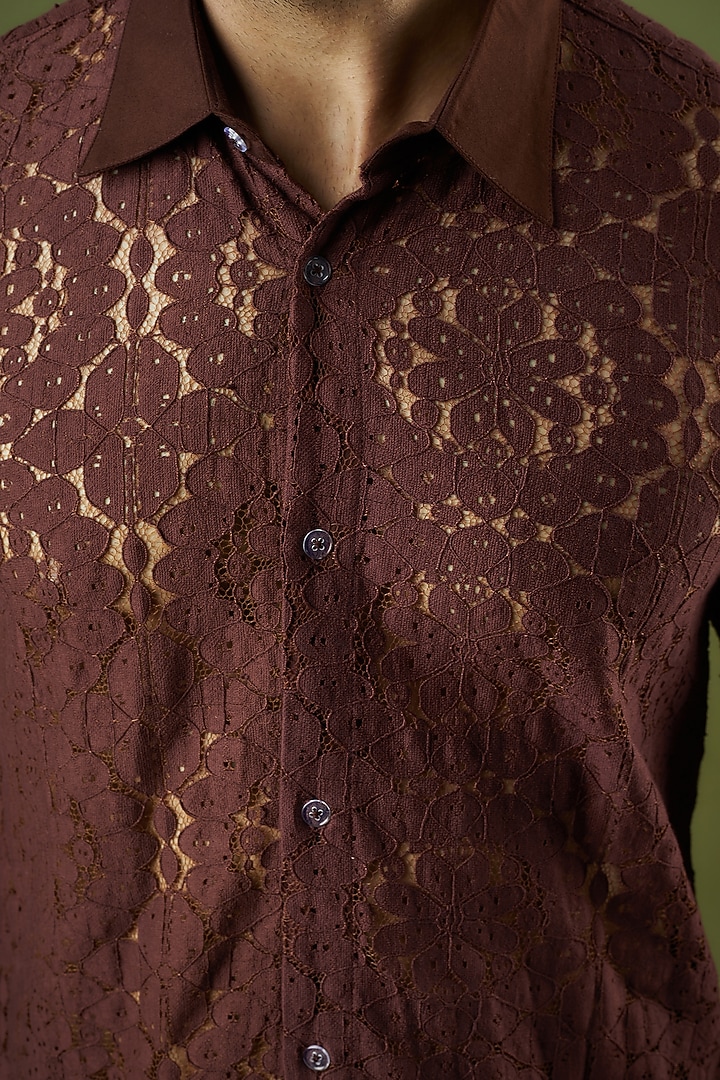 Brown Cotton Net Floral Summer Shirt by Ritambh at Pernia's Pop Up Shop
