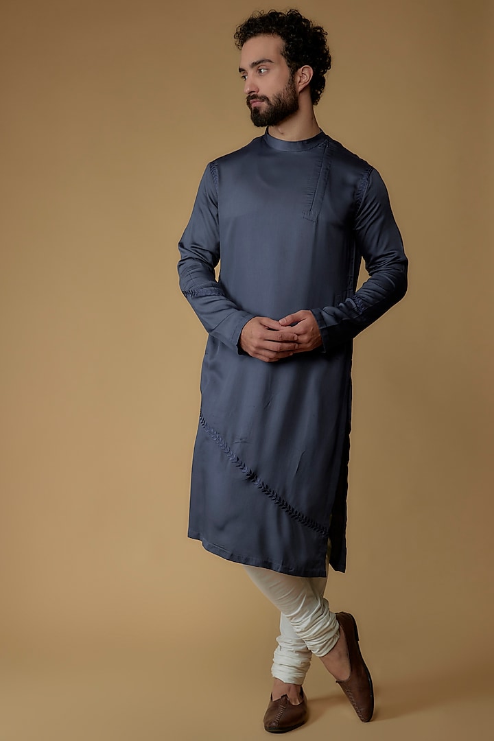Deep Navy Blue Modal Silk Kurta Set by Ritambh