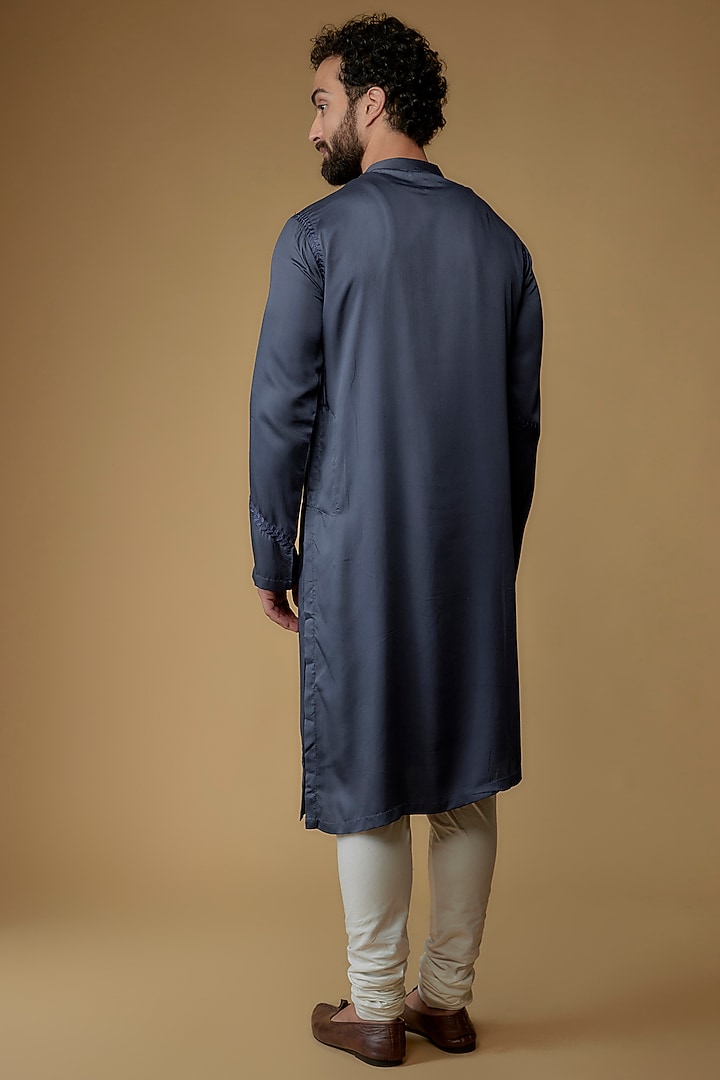 Deep Navy Blue Modal Silk Kurta Set by Ritambh at Pernia's Pop Up Shop
