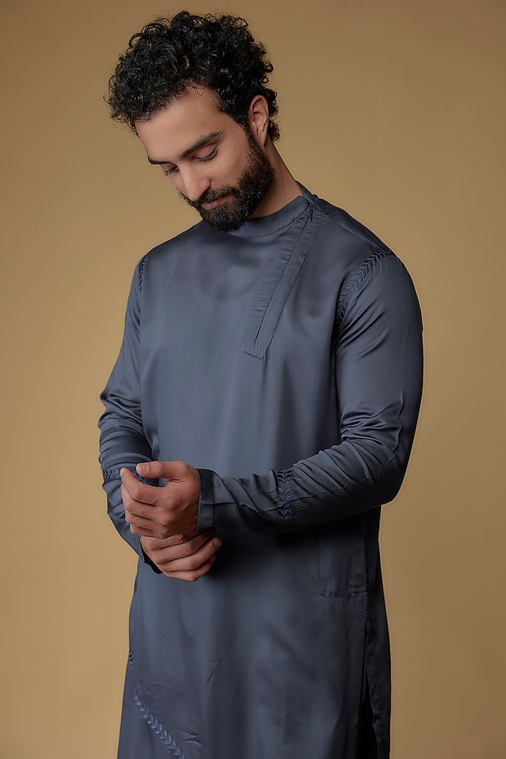 Deep Navy Blue Modal Silk Kurta Set by Ritambh at Pernia's Pop Up Shop