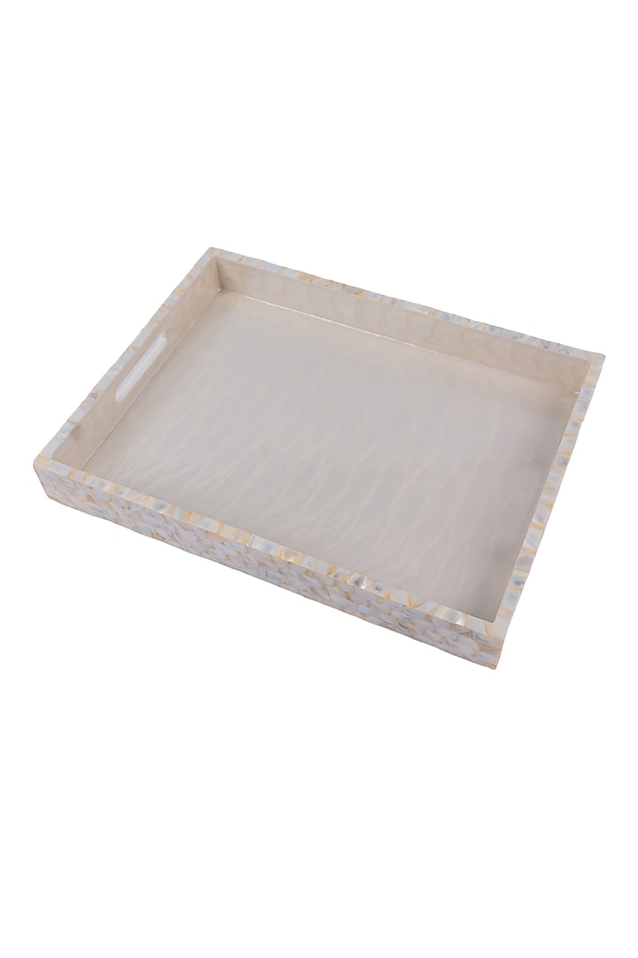 Beige Wood & Mother Of Pearl Rectangle Tray by Ratios at Pernia's Pop Up Shop