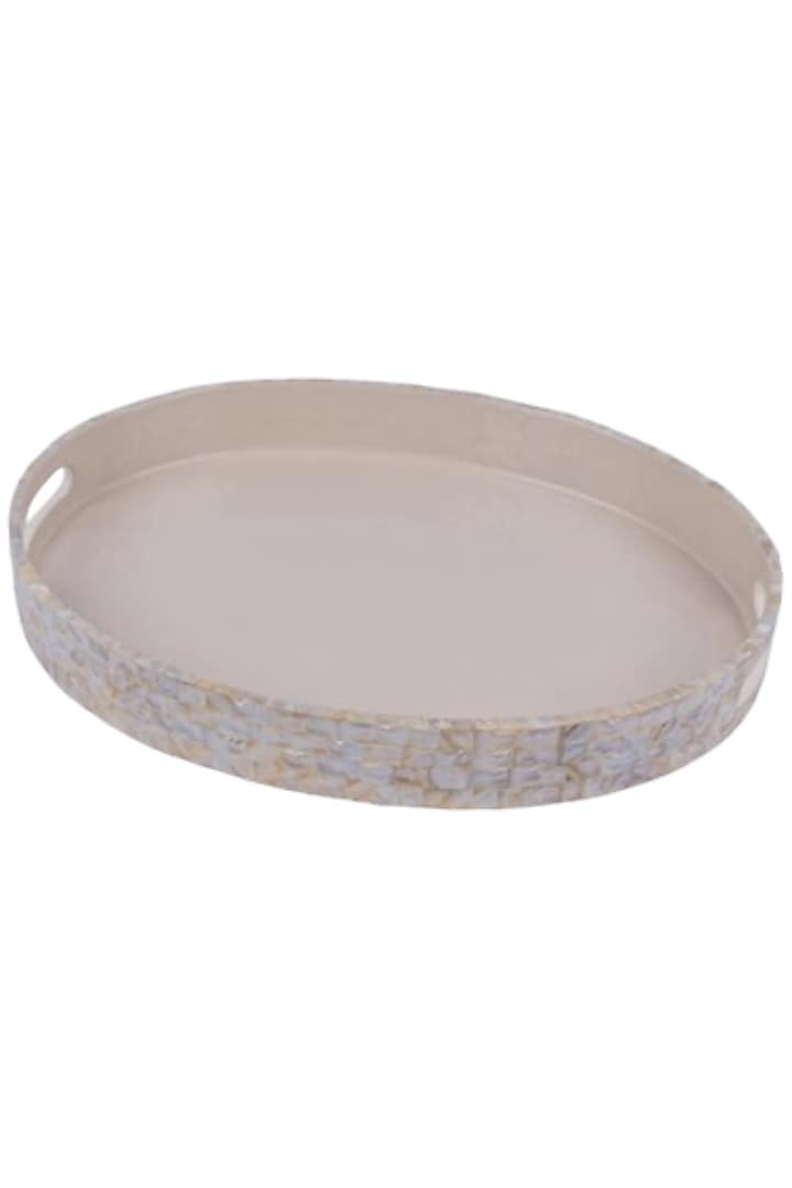 Beige Wood & Mother Of Pearl Oval Tray by Ratios at Pernia's Pop Up Shop