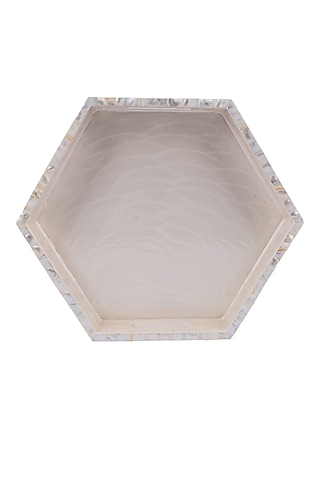 Beige Wood & Mother Of Pearl Hexagon Tray by Ratios