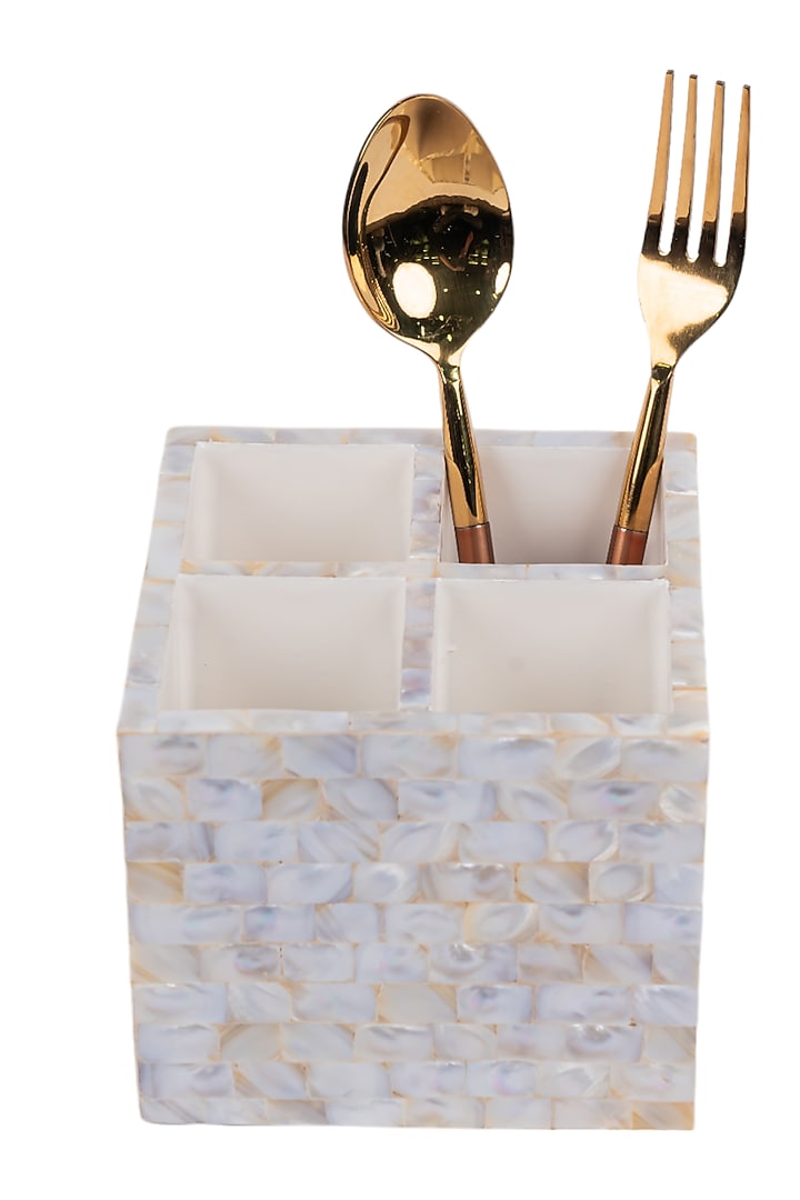 Beige Wood & Mother Of Pearl Spoon Holder by Ratios at Pernia's Pop Up Shop