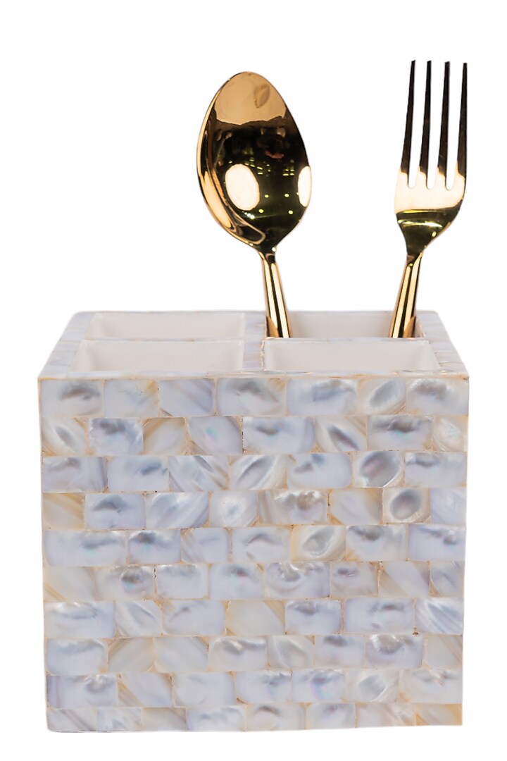 Beige Wood & Mother Of Pearl Spoon Holder by Ratios at Pernia's Pop Up Shop
