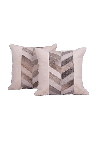 White Soft Woven Cotton & Leather Square Cushion Cover (Set of 2) by Ratios