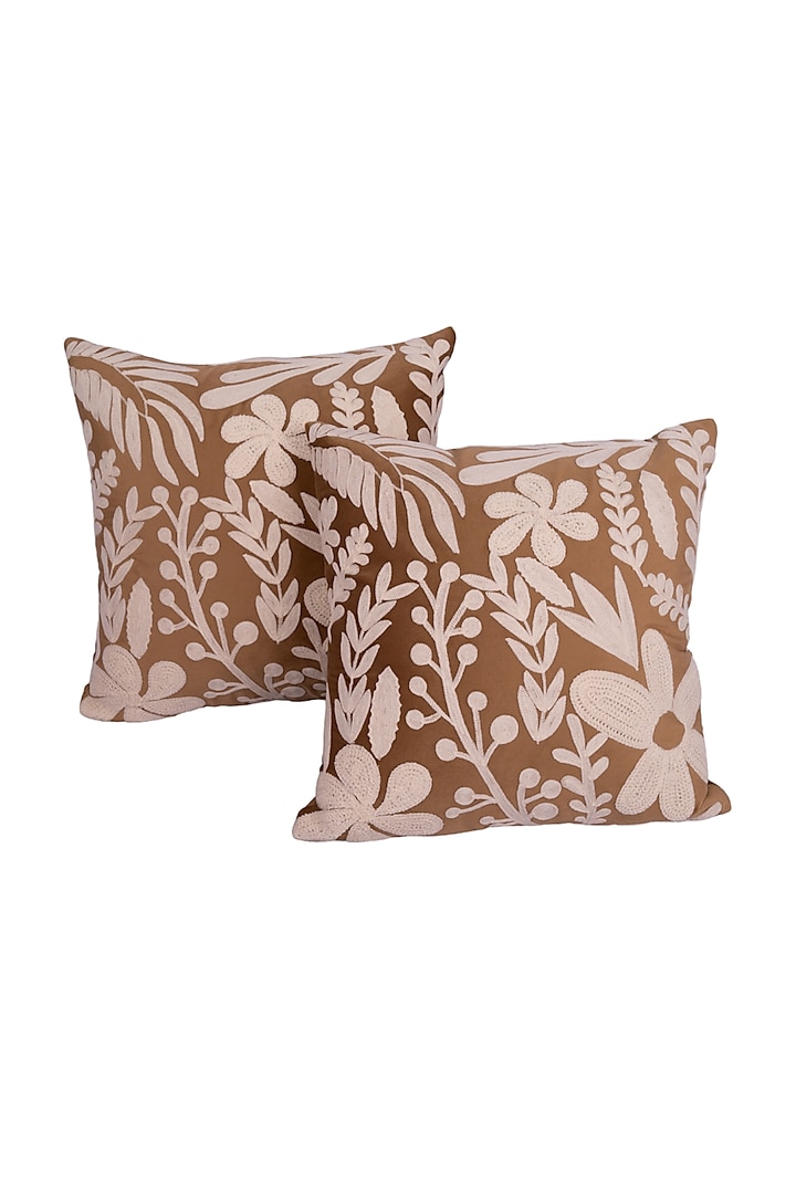 Brown Soft Woven Cotton Floral Square Cushion Cover (Set of 2) by Ratios at Pernia's Pop Up Shop