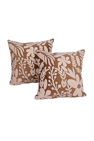 Brown Soft Woven Cotton Floral Square Cushion Cover (Set of 2) by Ratios