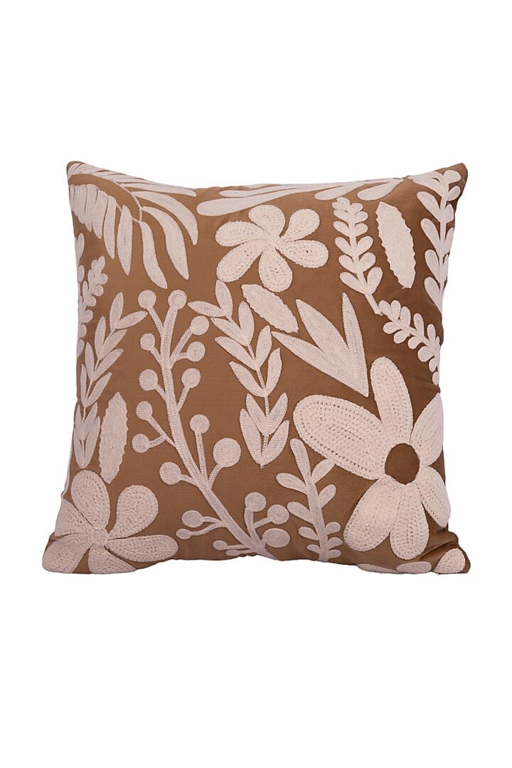 Brown Soft Woven Cotton Floral Square Cushion Cover (Set of 2) by Ratios at Pernia's Pop Up Shop