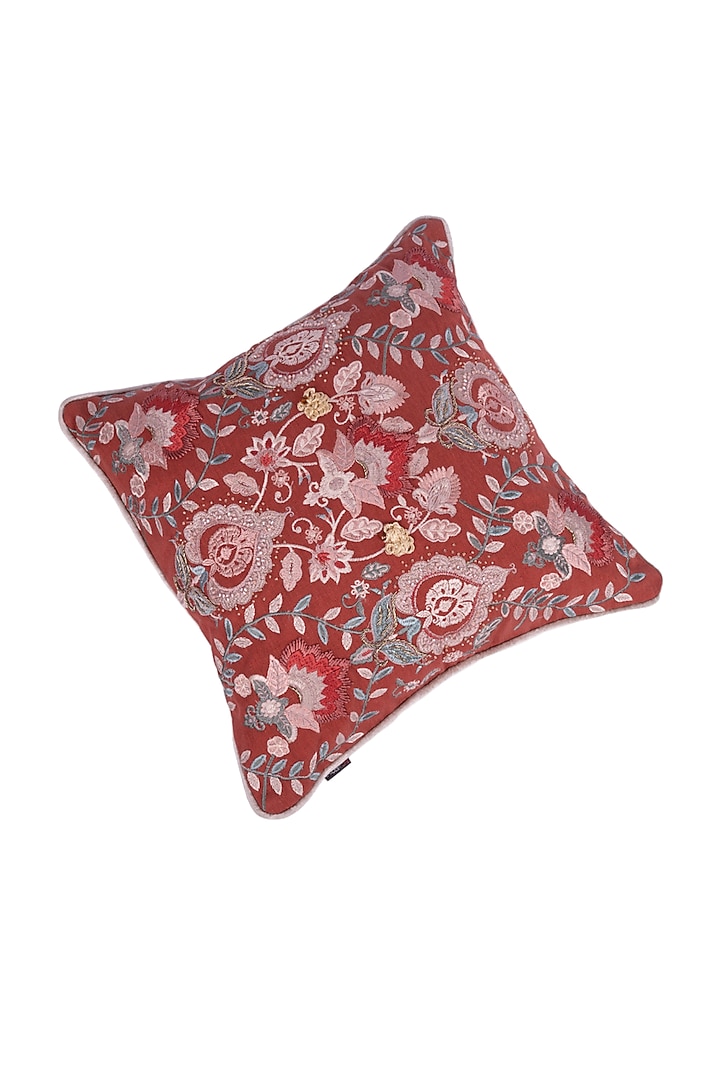Red Soft Woven Cotton Floral Hand Block Printed Square Cushion Cover by Ratios at Pernia's Pop Up Shop