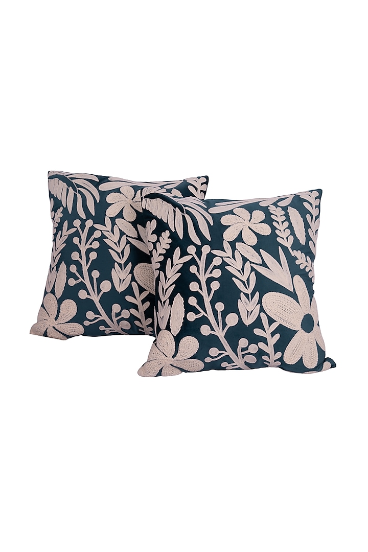 Dark Green Soft Woven Cotton Floral Square Cushion Cover (Set of 2) by Ratios at Pernia's Pop Up Shop