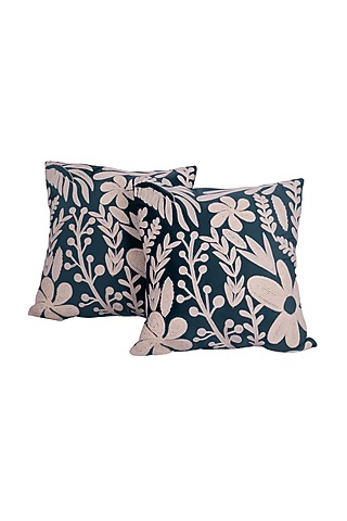 Dark Green Soft Woven Cotton Floral Square Cushion Cover (Set of 2) by Ratios