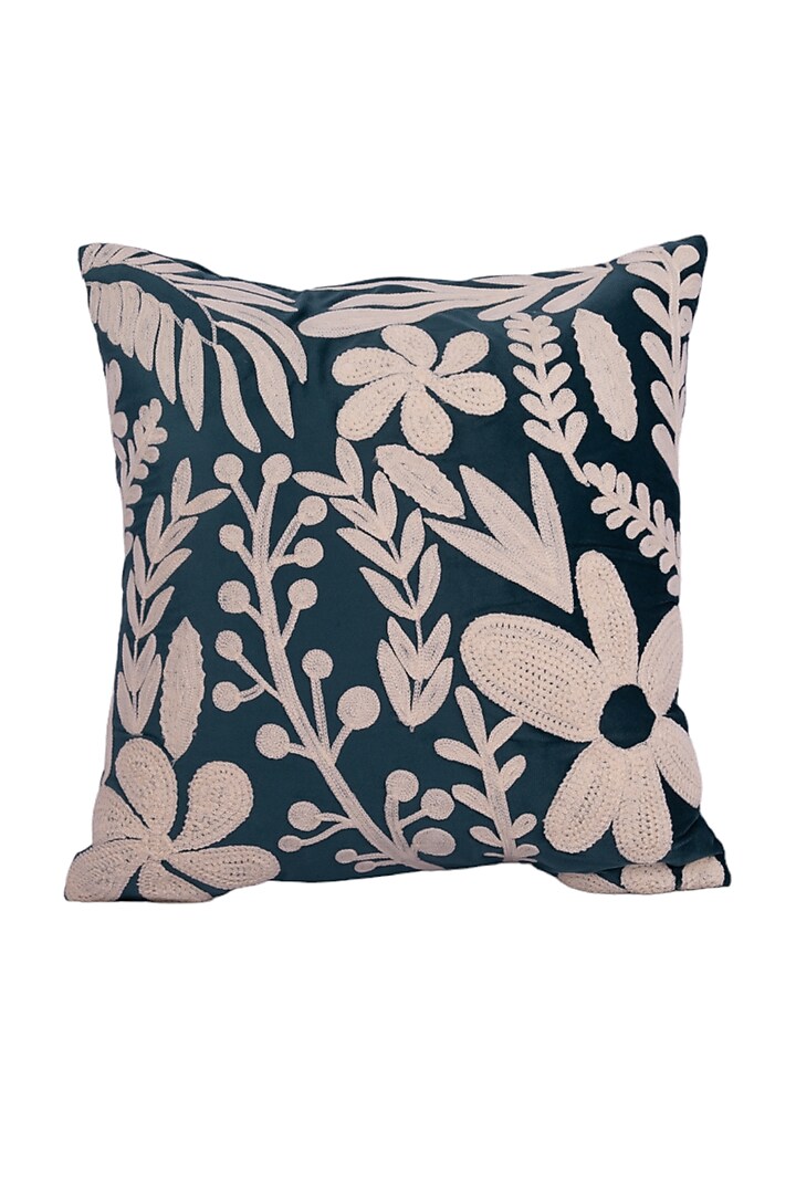Dark Green Soft Woven Cotton Floral Square Cushion Cover (Set of 2) by Ratios at Pernia's Pop Up Shop